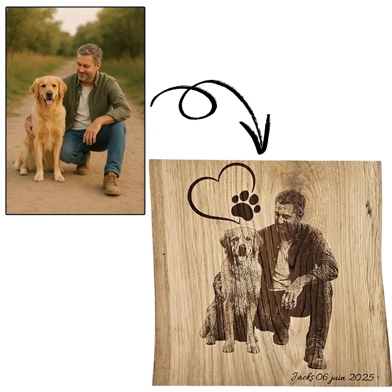 Image montrant la photo utilisée et sa gravure d'un homme et son chien