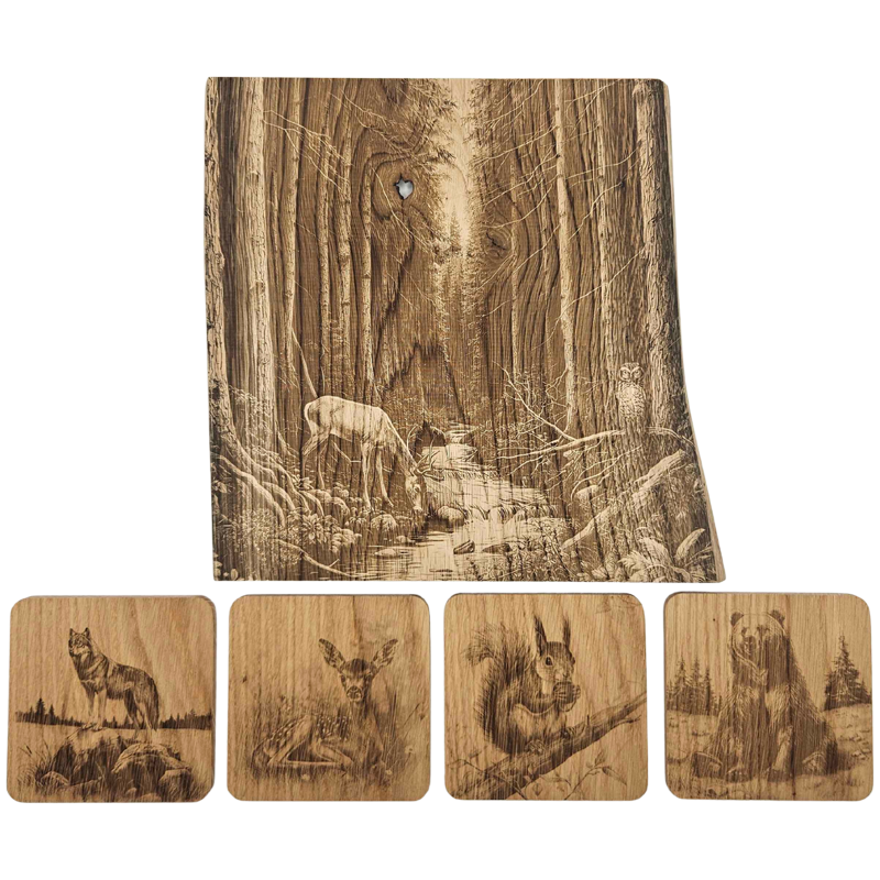 Pack cadeau en bois gravé - planche avec sous-verres