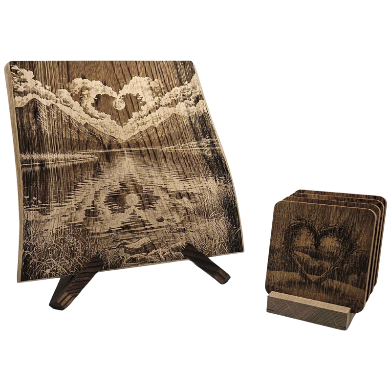 Pack cadeau en bois gravé - planche avec sous-verres
