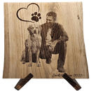 Gravure sur une planche en chene d'un homme et son chien
