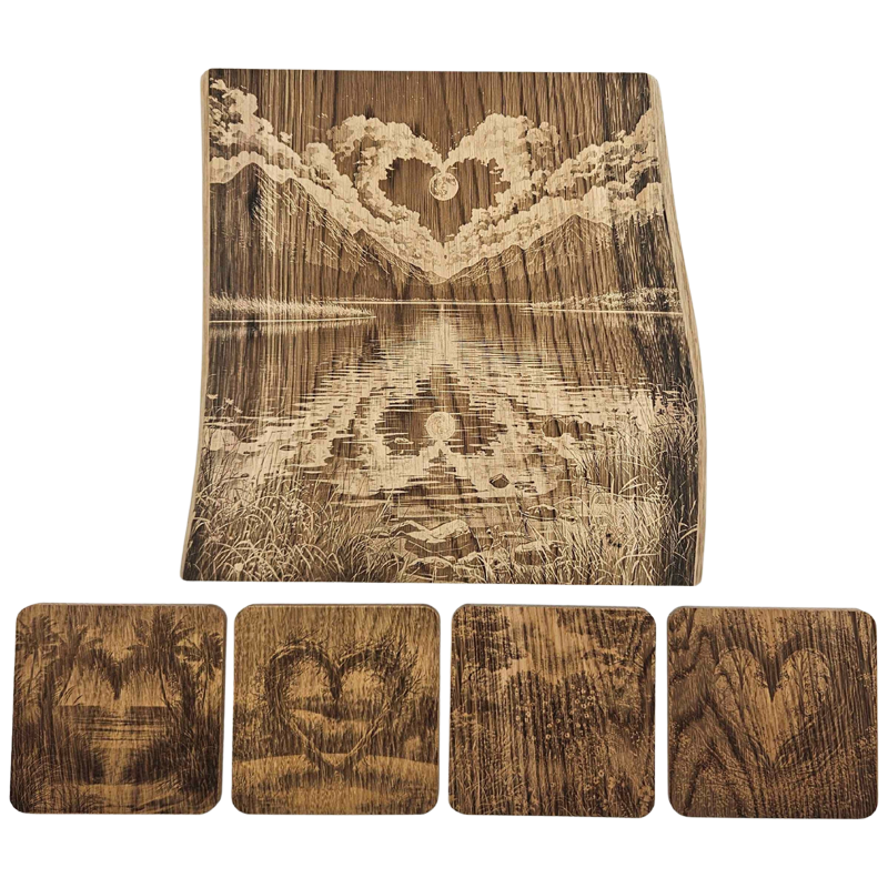Pack cadeau en bois gravé - planche avec sous-verres