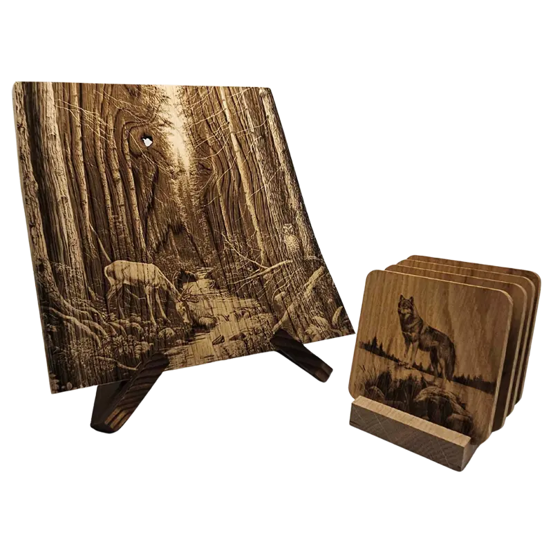 Pack cadeau en bois gravé - planche avec sous-verres
