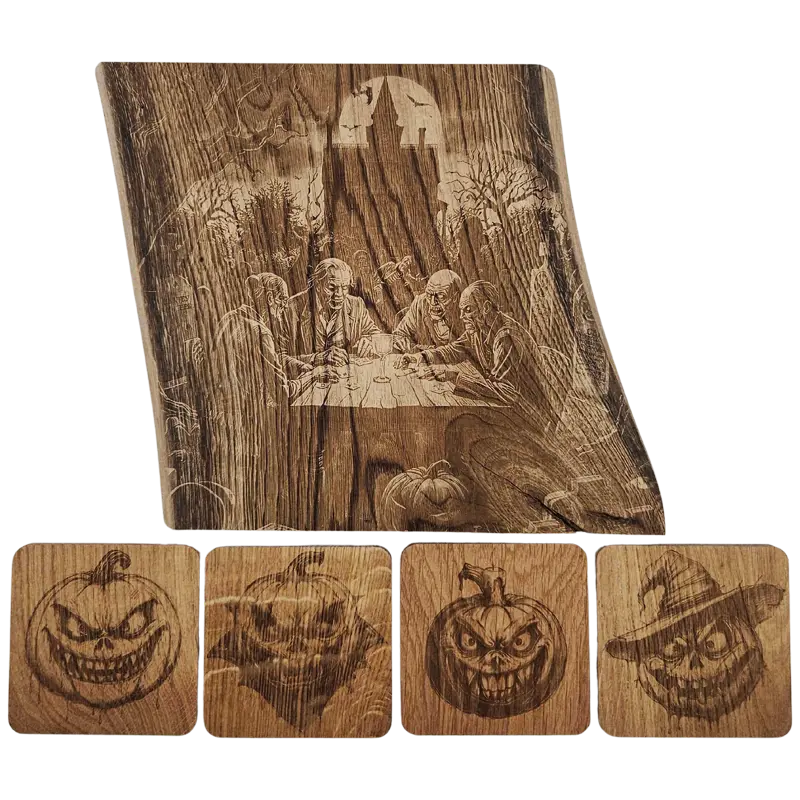 Pack cadeau en bois gravé - planche avec sous-verres