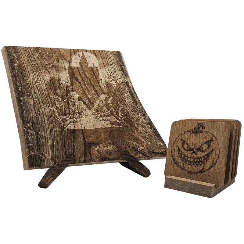Pack cadeau en bois gravé - planche avec sous-verres