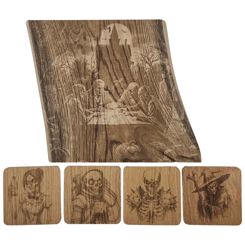 Pack cadeau en bois gravé - planche avec sous-verres