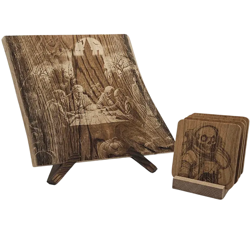 Pack cadeau en bois gravé - planche avec sous-verres