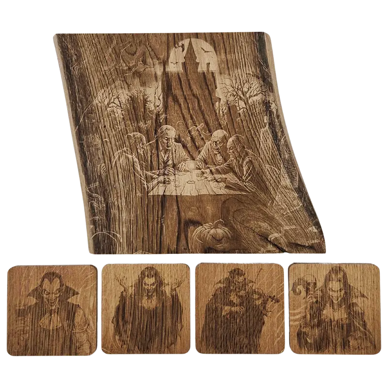 Pack cadeau en bois gravé - planche avec sous-verres