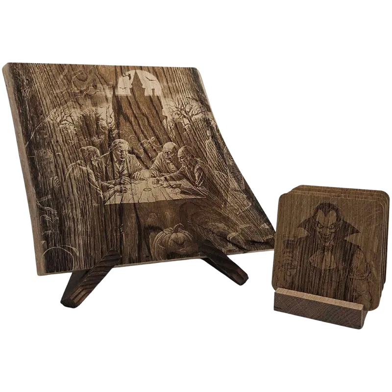 Pack cadeau en bois gravé - planche avec sous-verres