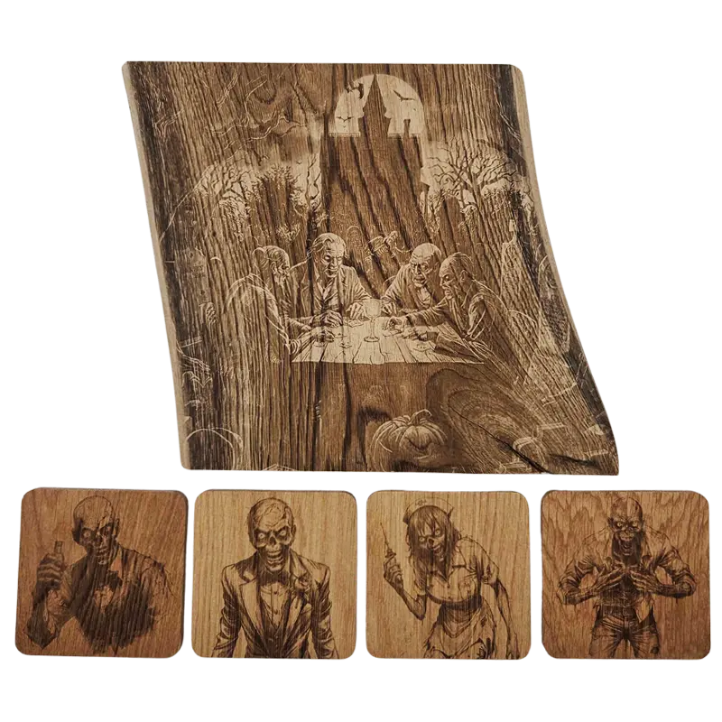 Pack cadeau en bois gravé - planche avec sous-verres