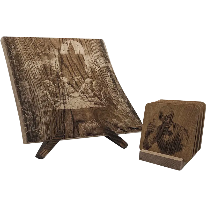 Pack cadeau en bois gravé - planche avec sous-verres